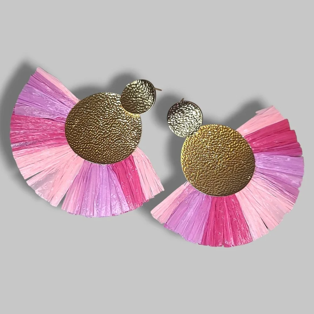 Pink Raffia Gold Tone‎ Hammered Metal Fan Tassel Statement Earrings
